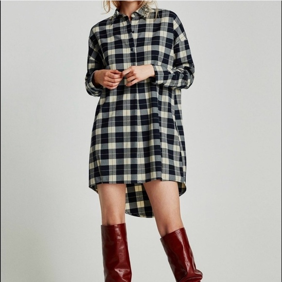 Zara Dresses & Skirts - Zara Oversized Plaid Shirt Dress w/ Jeweled Collar Black and Ivory size Large